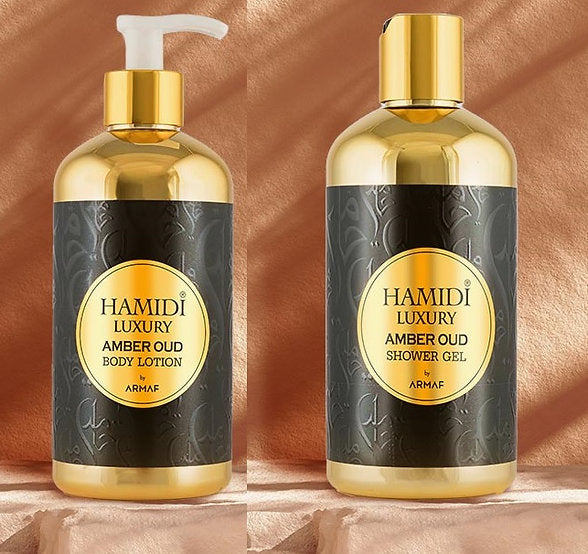 Hamidi Luxury Oud Amber 2pc Set .16.9 oz. Body Lotion /16.9 oz. Shower Gel