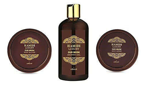 Hamidi Luxury Oud Musk 3pc Set .16.9 oz Body Scrub / Shower Gel/ Body Butter