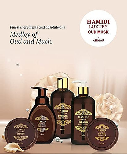 Hamidi Luxury Oud Musk 3pc Set 16.9 oz Body Scrub / Shower Gel/ Body Butter